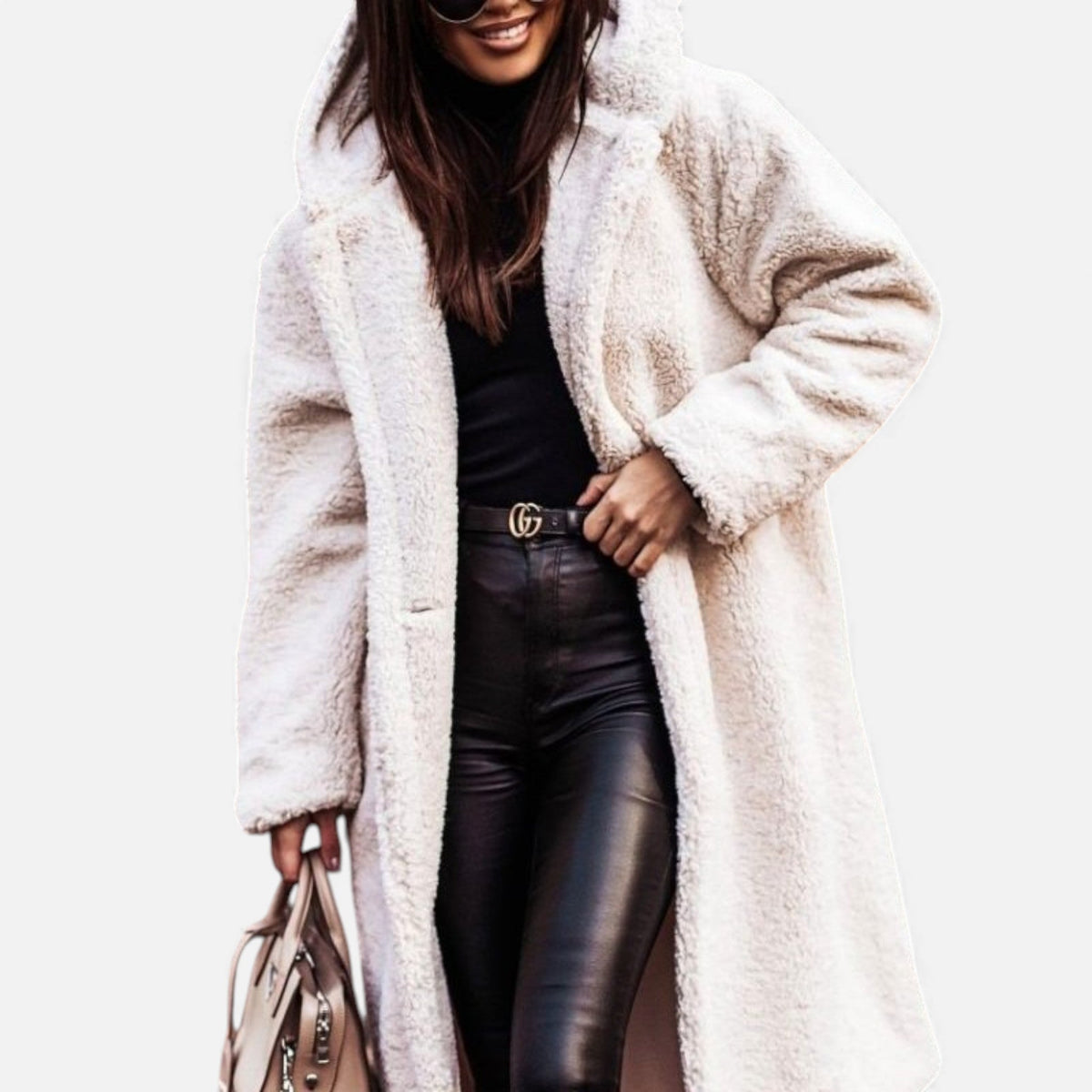 Fera | Women's Oversized Long Faux Fur Coat - Hooded Open Front