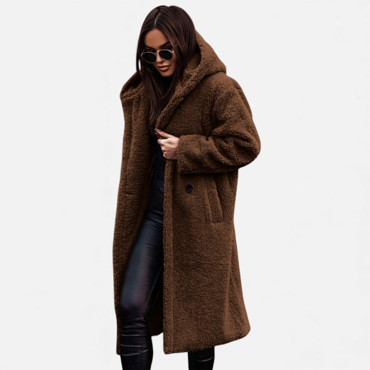 Fera | Women's Oversized Long Faux Fur Coat - Hooded Open Front