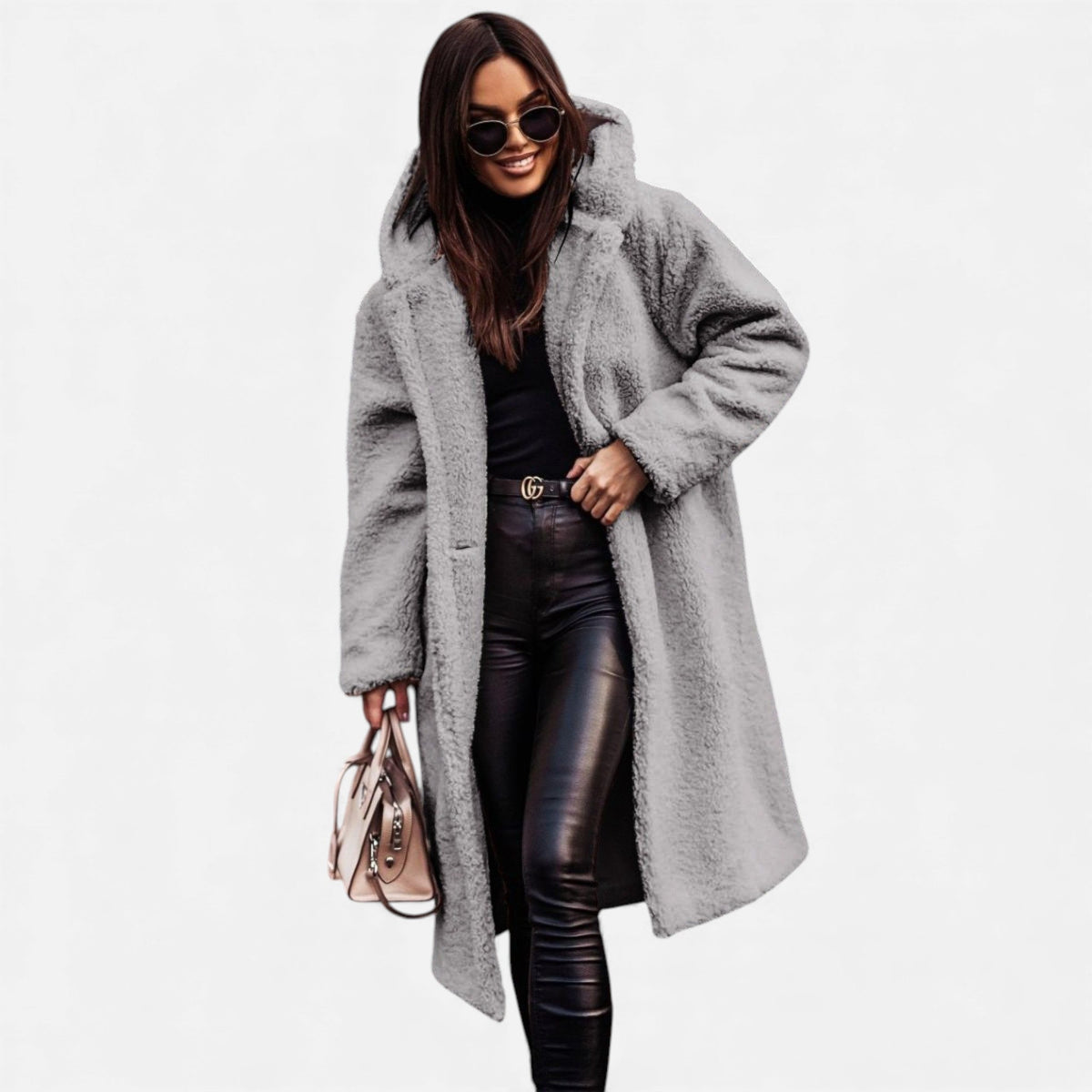 Fera | Women's Oversized Long Faux Fur Coat - Hooded Open Front