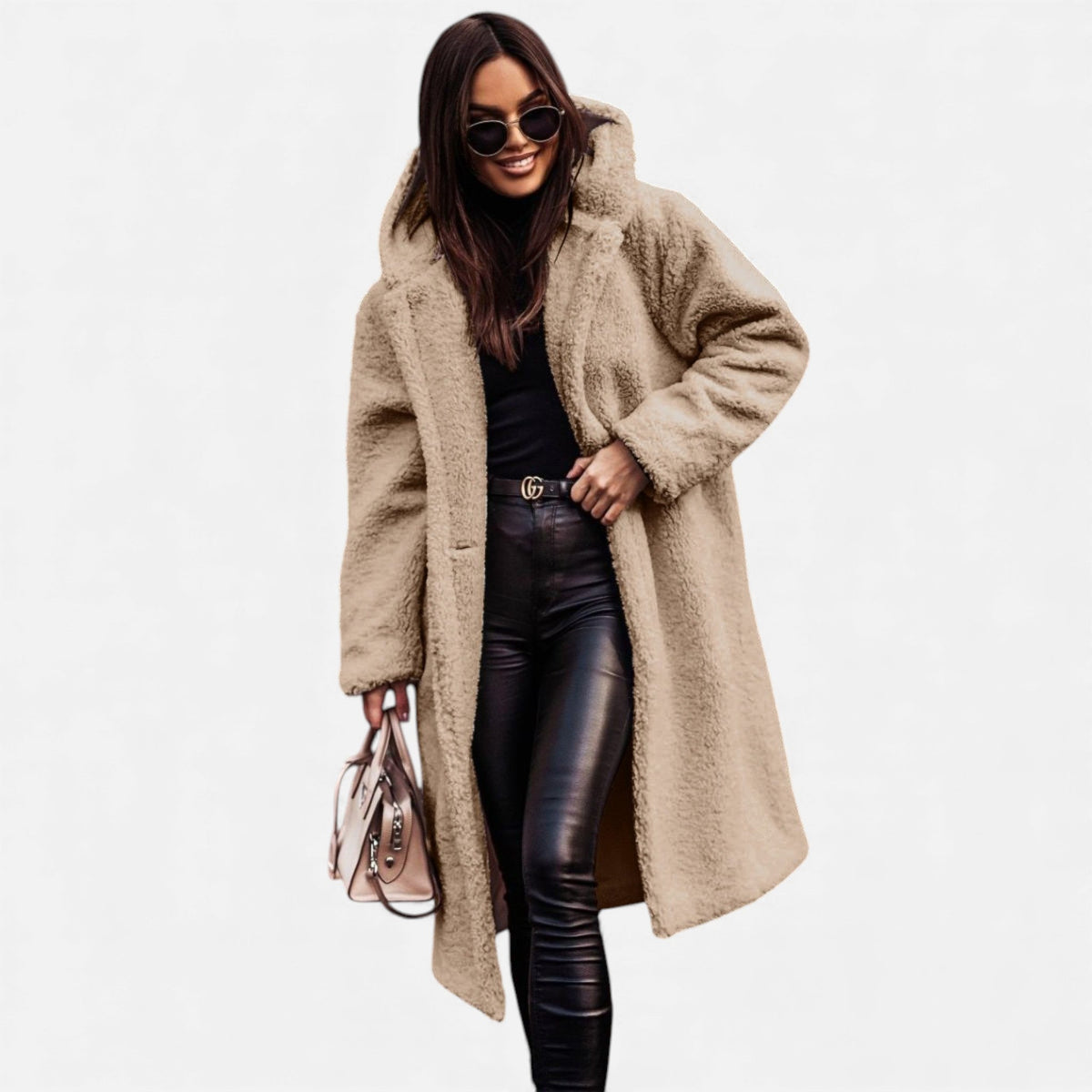 Fera | Women's Oversized Long Faux Fur Coat - Hooded Open Front