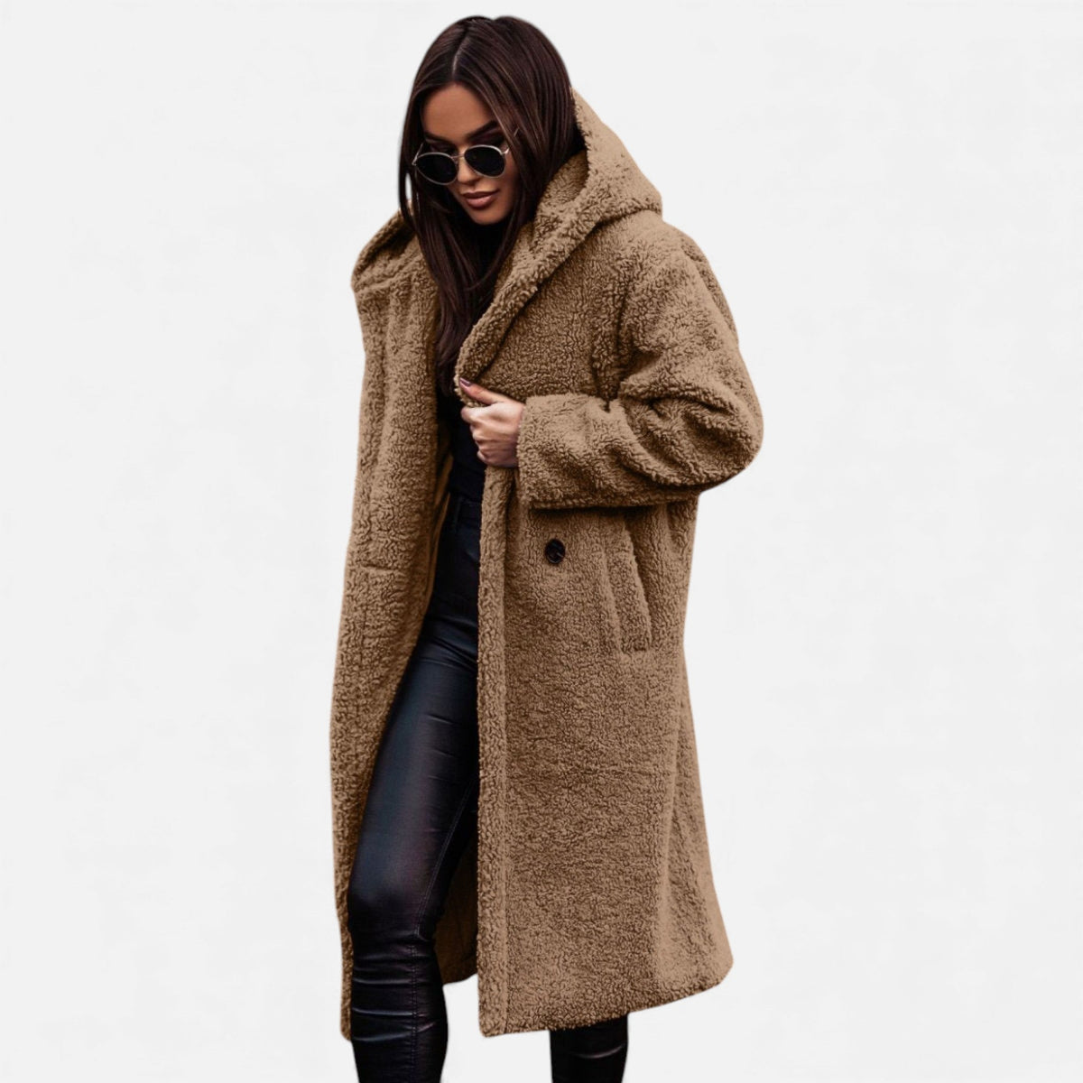 Fera | Women's Oversized Long Faux Fur Coat - Hooded Open Front