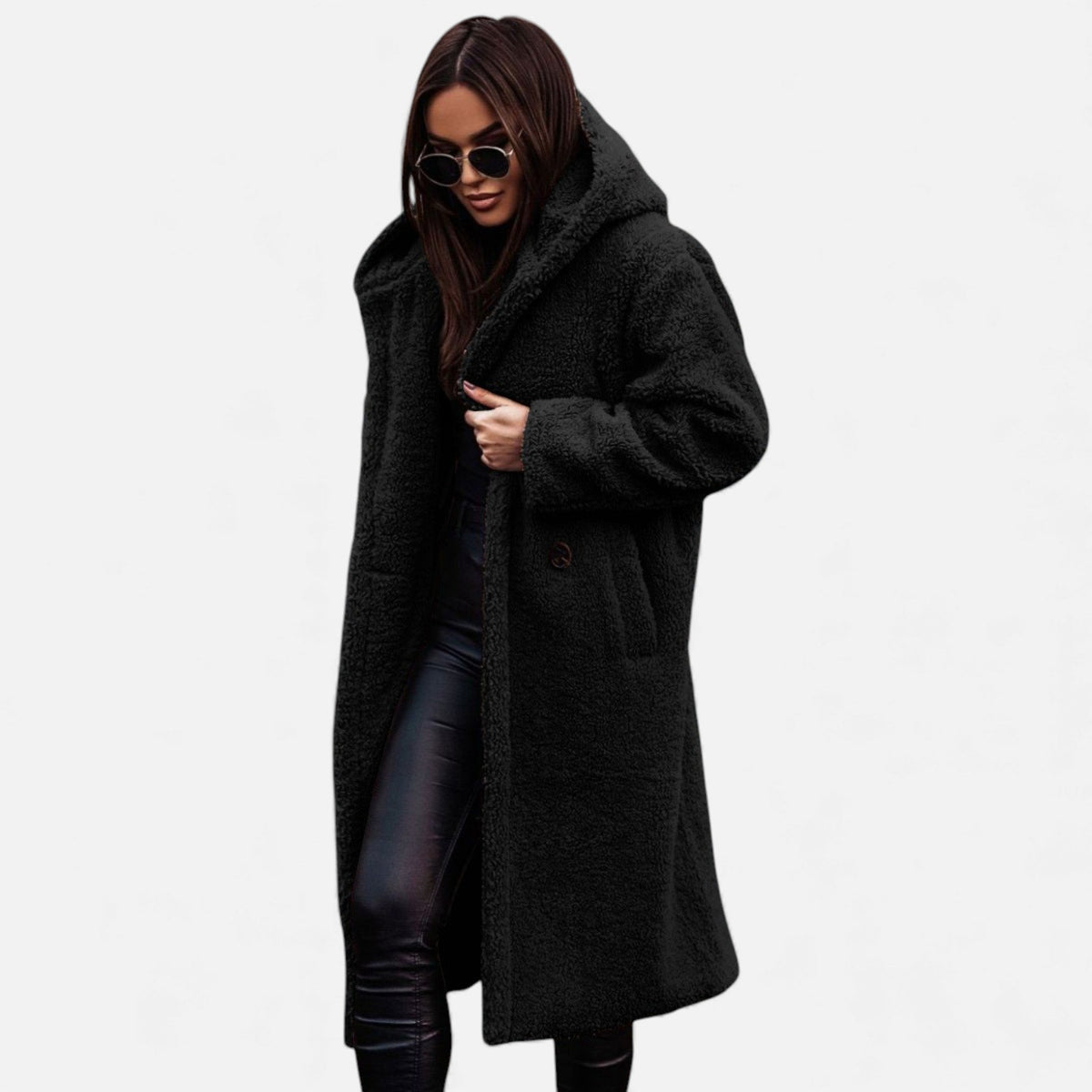 Fera | Women's Oversized Long Faux Fur Coat - Hooded Open Front