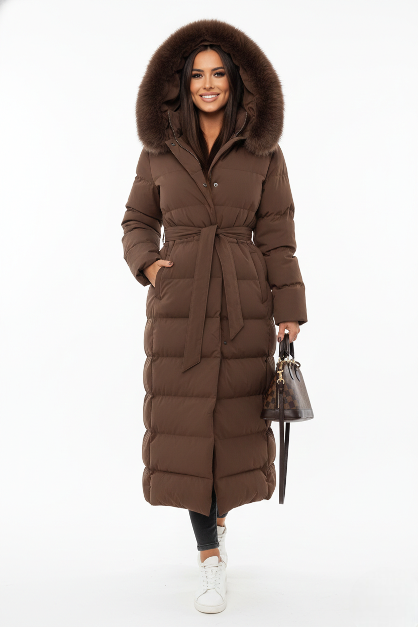 Freva | Women's Long Puffer Coat with Faux Fur Hood and Belt