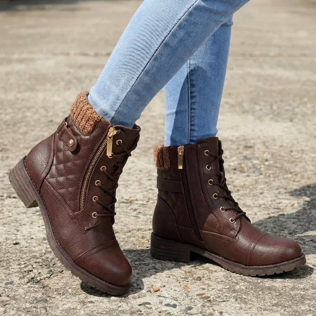Hazel | Women's Leather Ankle Boots - Quilted Lace Up