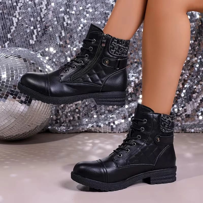 Hazel | Women's Leather Ankle Boots - Quilted Lace Up