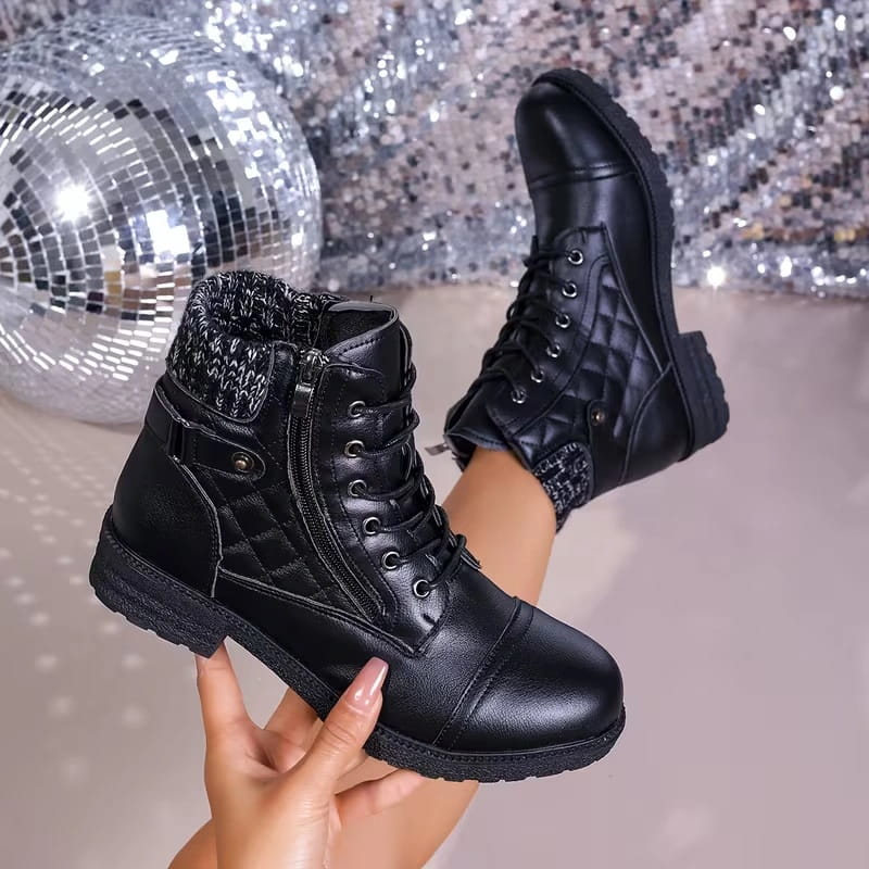 Hazel | Women's Leather Ankle Boots - Quilted Lace Up