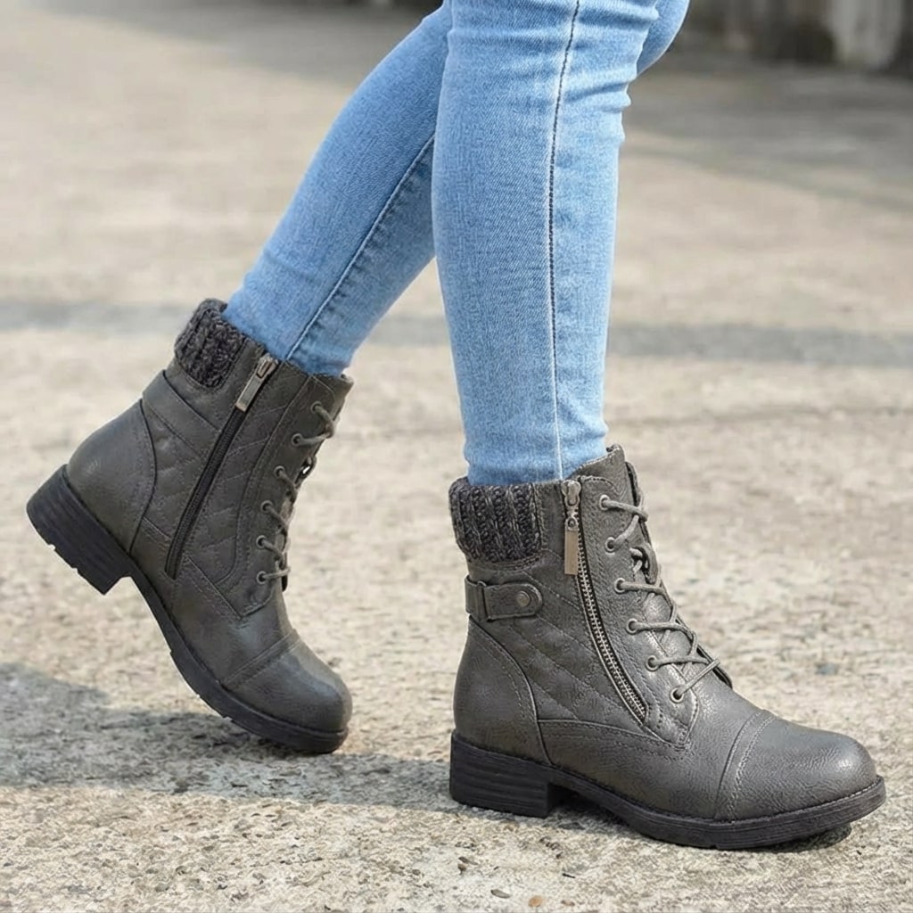 Hazel | Women's Leather Ankle Boots - Quilted Lace Up