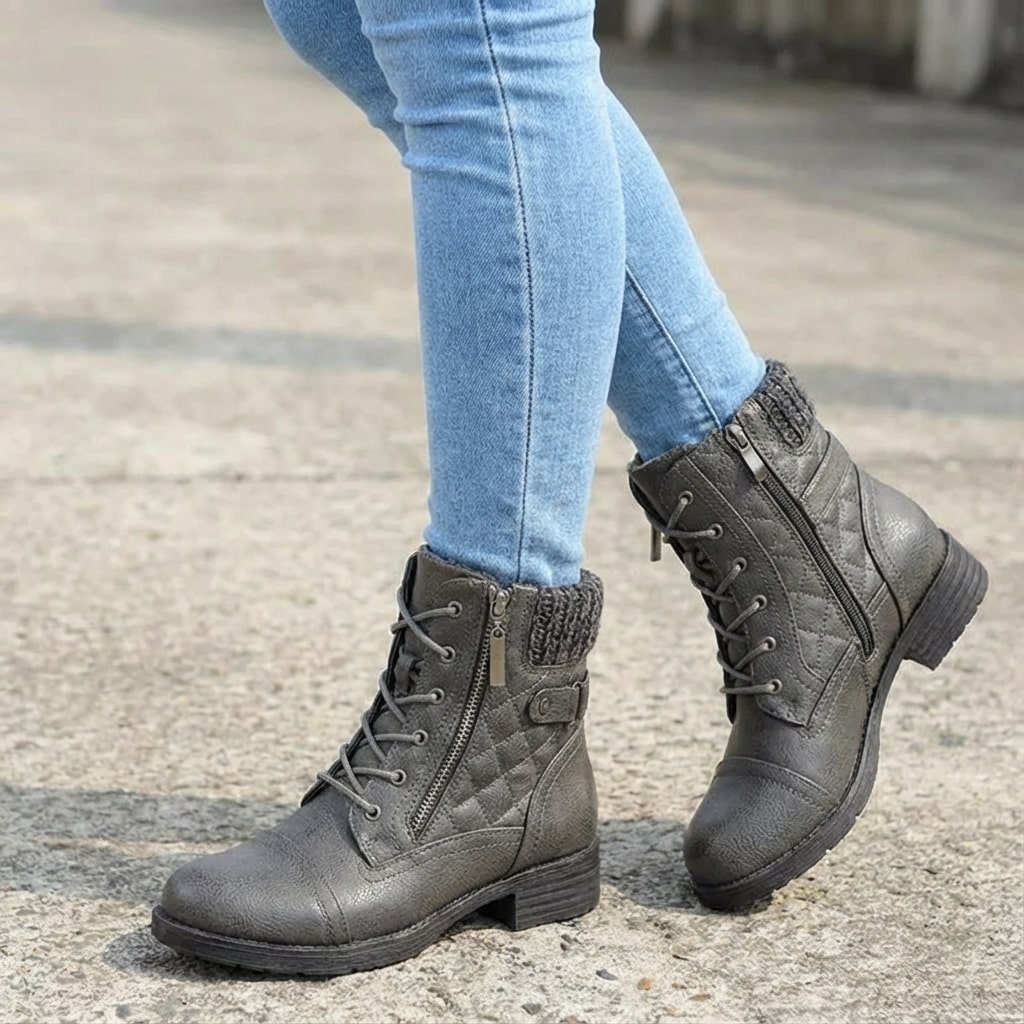 Hazel | Women's Leather Ankle Boots - Quilted Lace Up