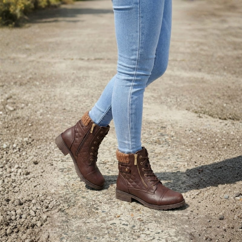 Hazel | Women's Leather Ankle Boots - Quilted Lace Up