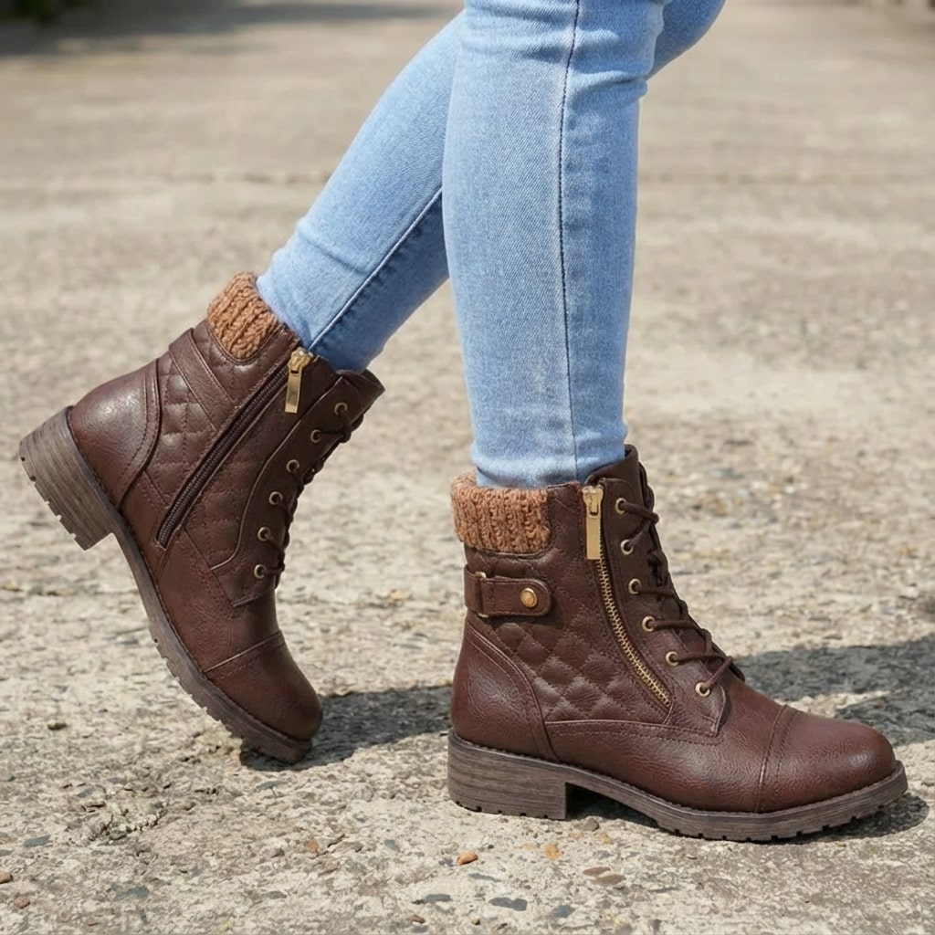 Hazel | Women's Leather Ankle Boots - Quilted Lace Up