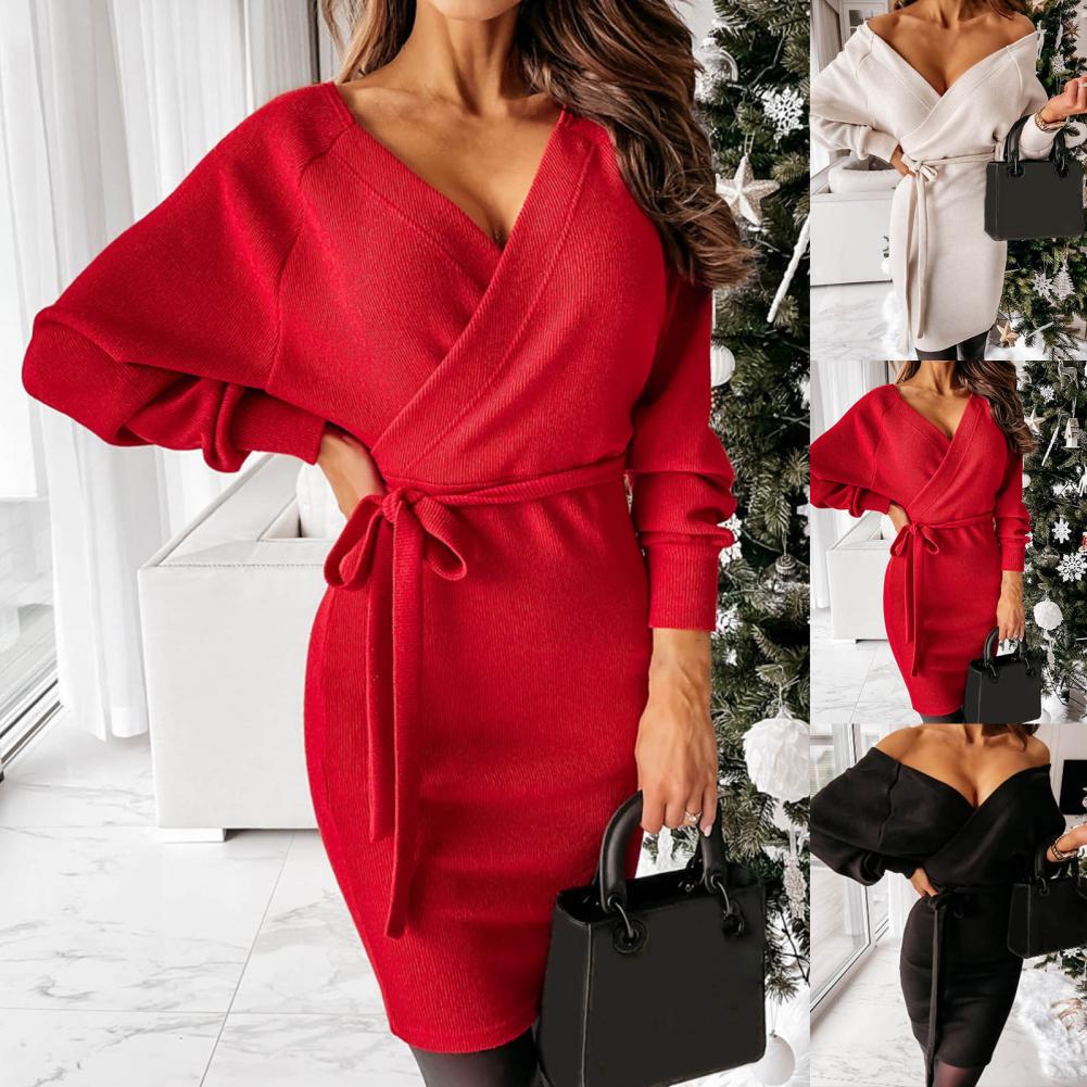 Ilva | Women's Knit Wrap Sweater Dress - V Neck Belted Batwing Sleeve