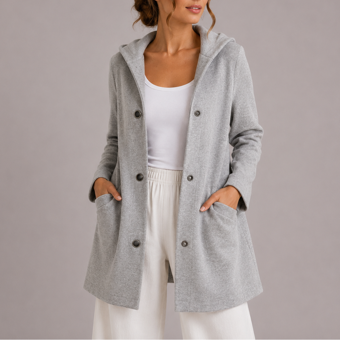 Iona | Women's Relaxed Long Hooded Coat with Button Front and Pockets
