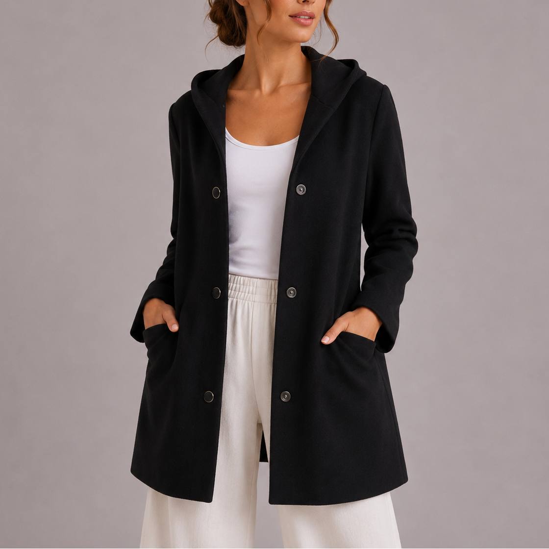 Iona | Women's Relaxed Long Hooded Coat with Button Front and Pockets