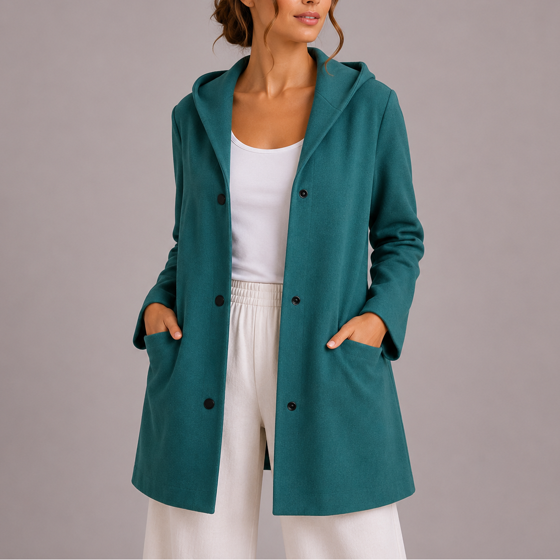 Iona | Women's Relaxed Long Hooded Coat with Button Front and Pockets