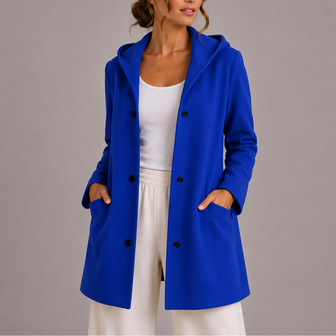 Iona | Women's Relaxed Long Hooded Coat with Button Front and Pockets