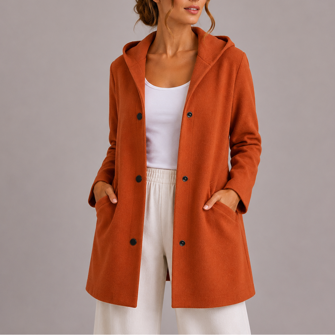 Iona | Women's Relaxed Long Hooded Coat with Button Front and Pockets