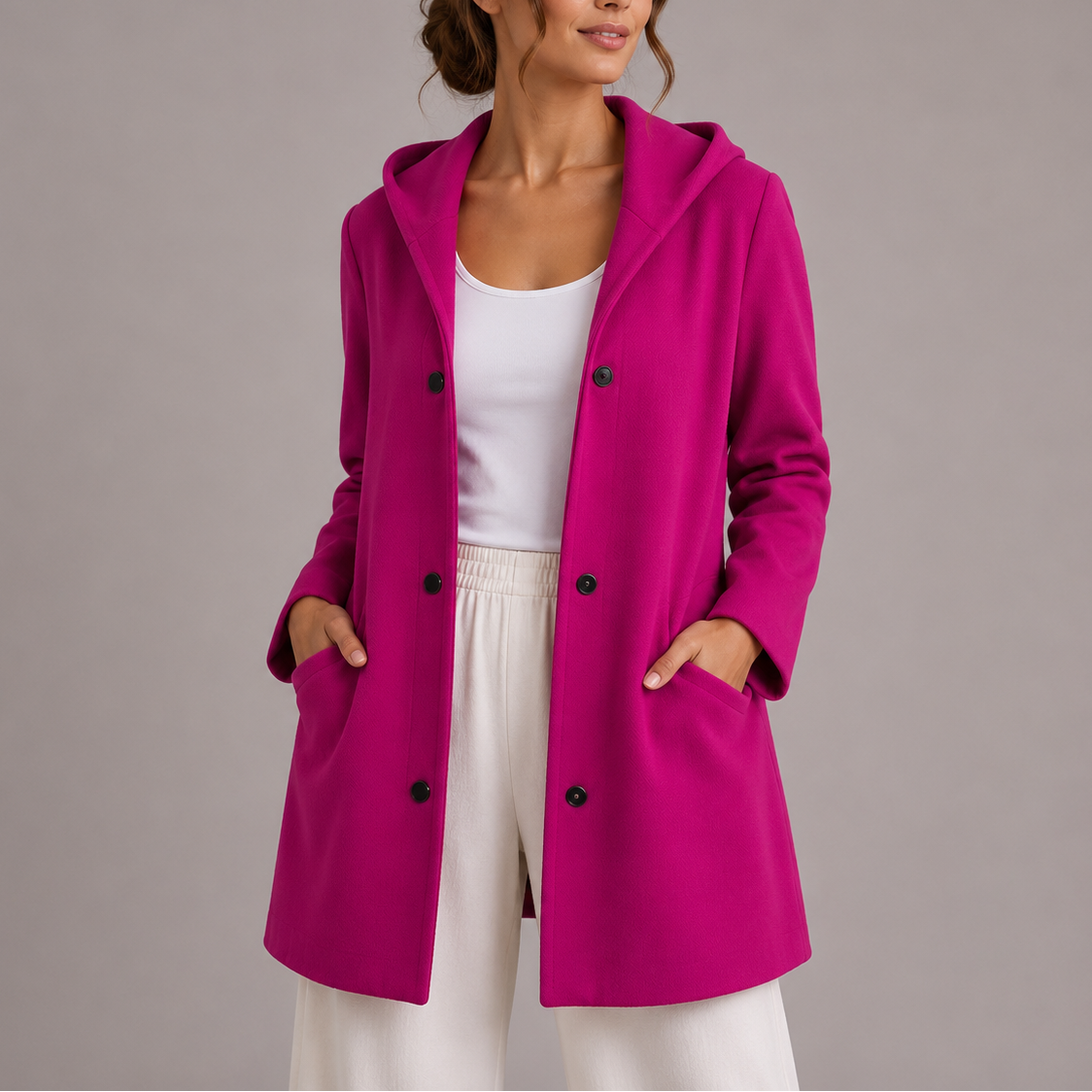 Iona | Women's Relaxed Long Hooded Coat with Button Front and Pockets