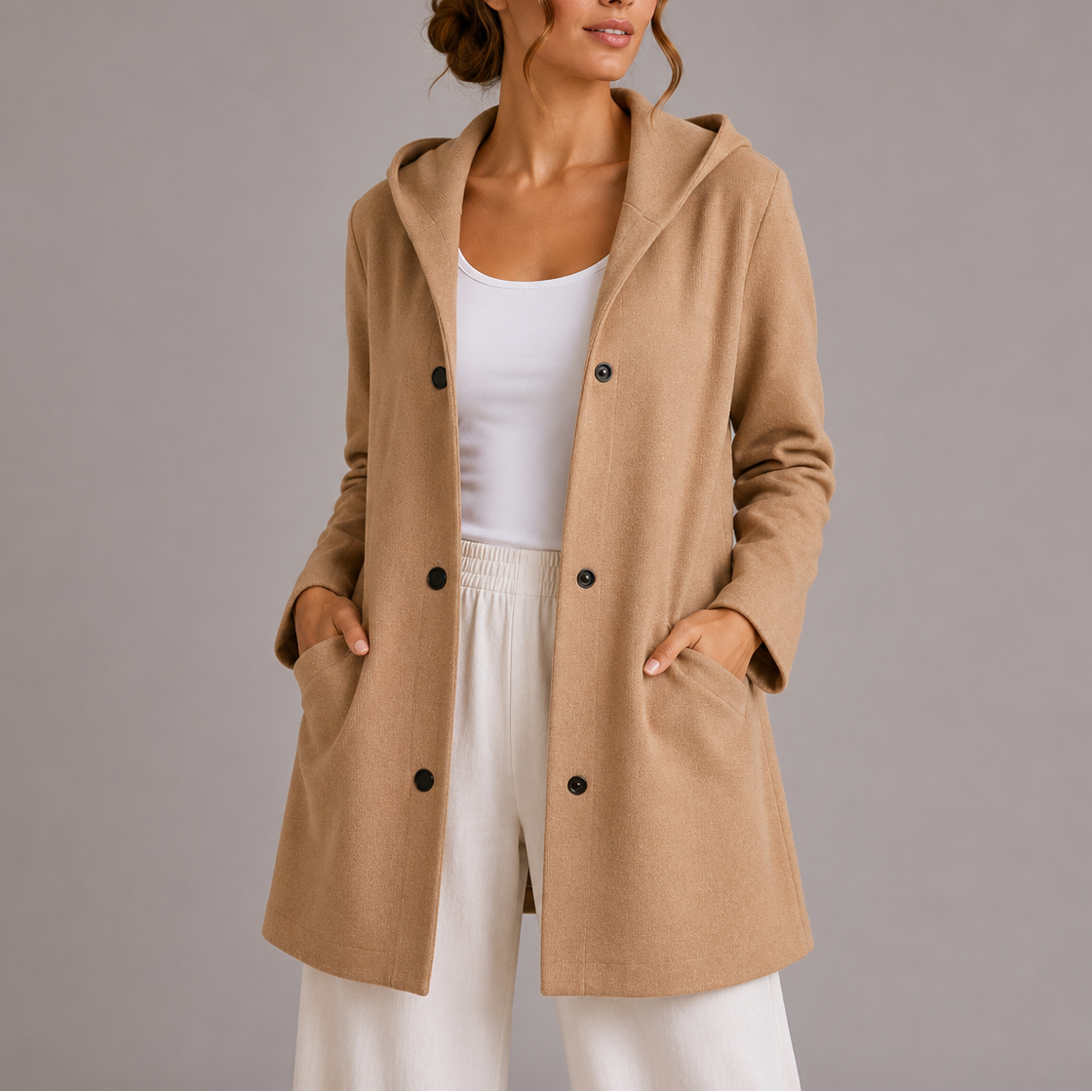 Iona | Women's Relaxed Long Hooded Coat with Button Front and Pockets