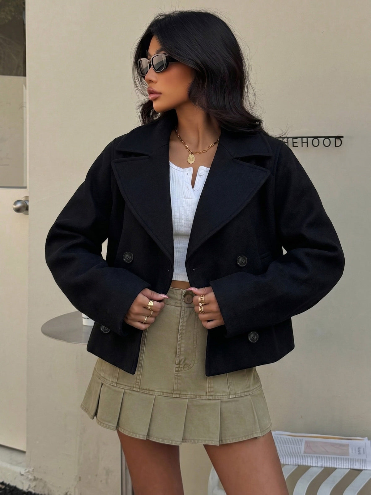 Isabella | Elegant Cropped Wool Pea Coat with Notch Lapel
