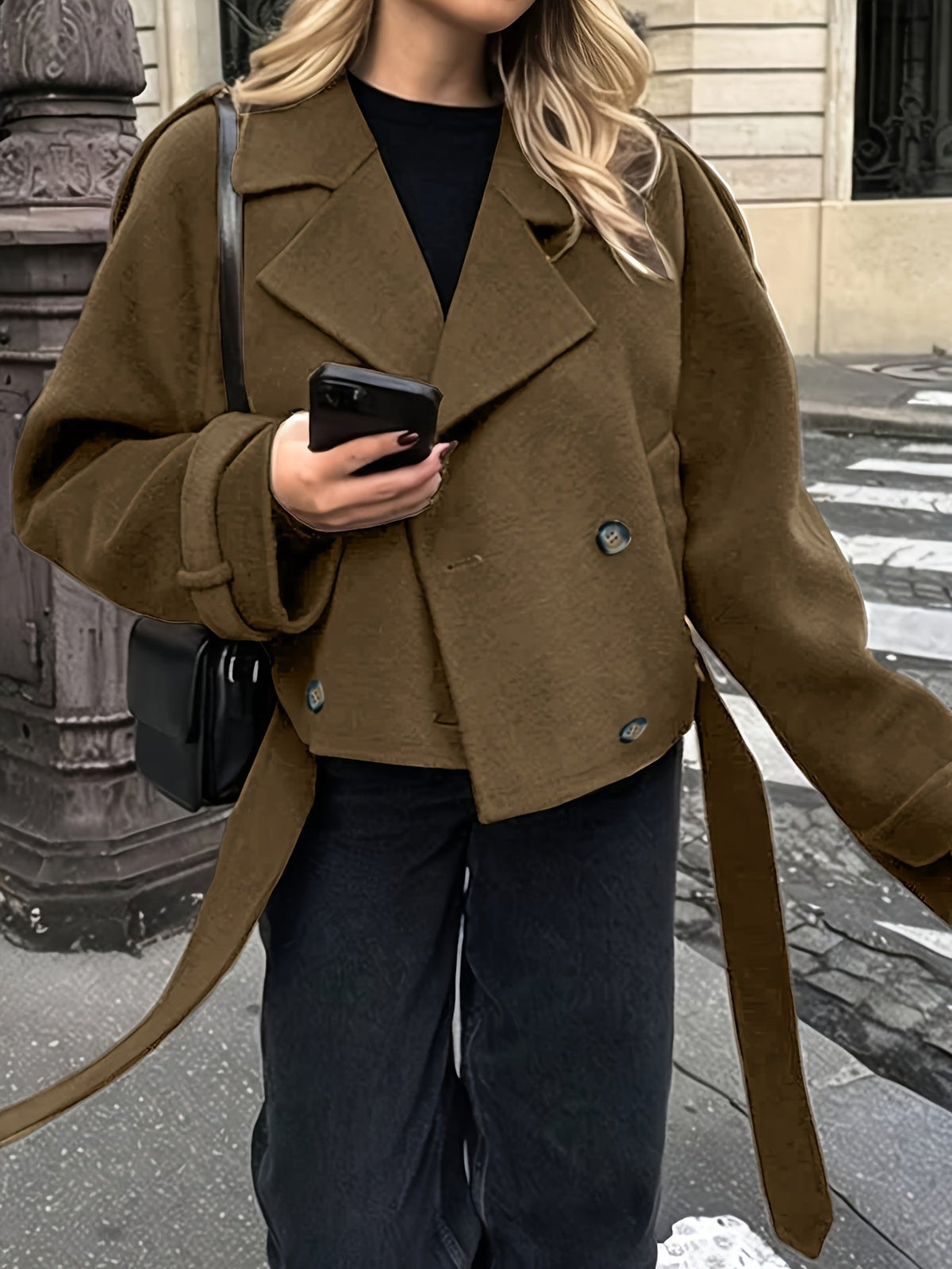 Josephine | Effortless Oversized Wool Pea Coat with Self-Tie Belt