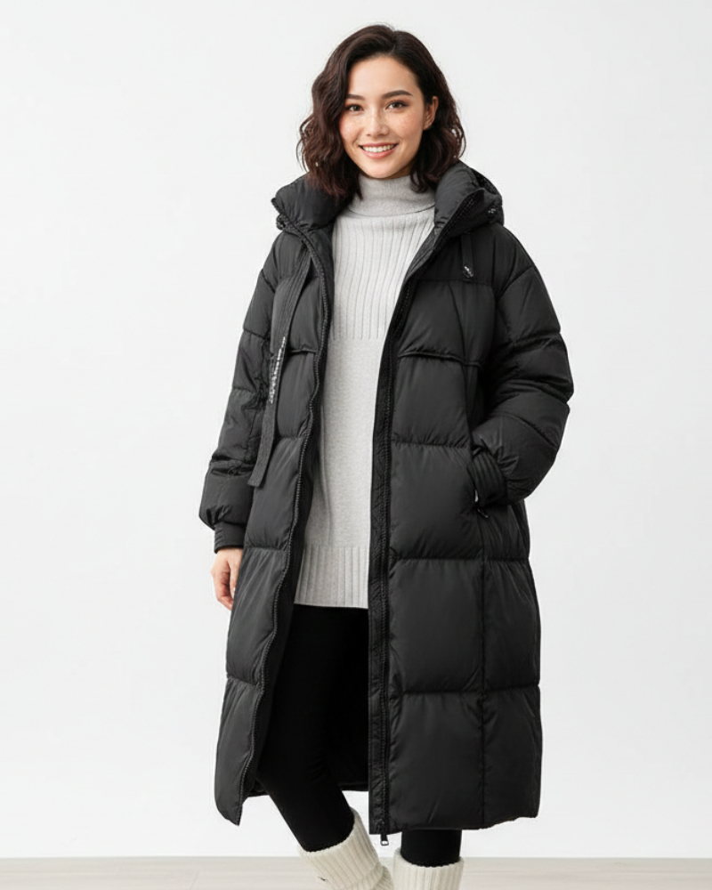 Kelly | Women's Long Hooded Puffer Parka Coat - Relaxed Fit Straight Cut