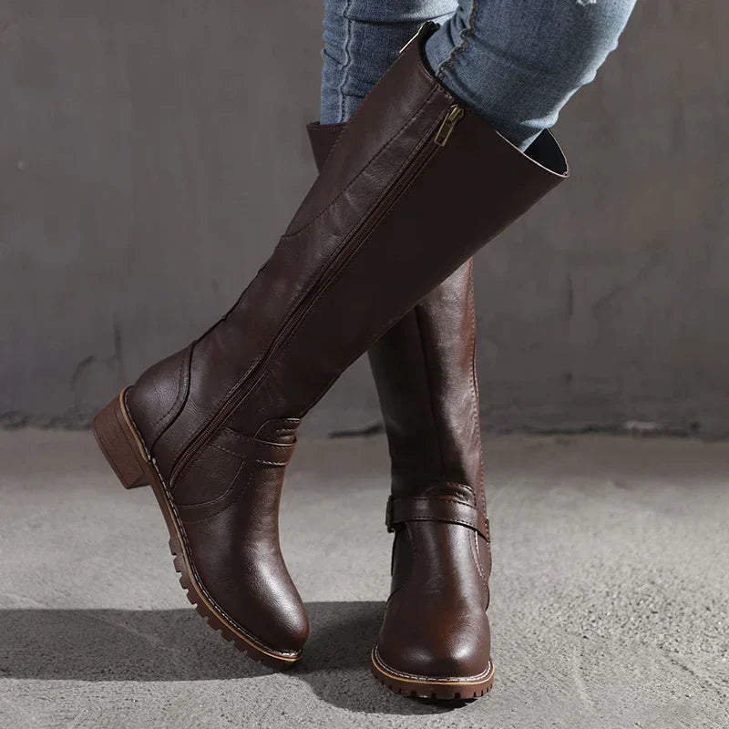 Kira | Women's Faux Leather Knee High Boots - Buckle Strap