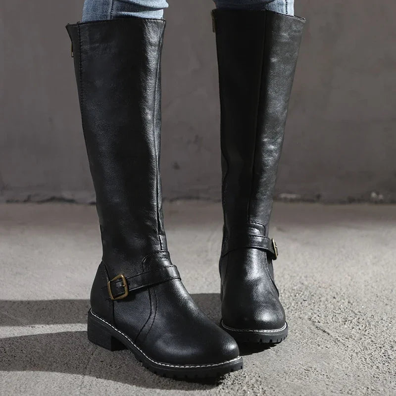 Kira | Women's Faux Leather Knee High Boots - Buckle Strap
