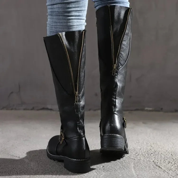 Kira | Women's Faux Leather Knee High Boots - Buckle Strap