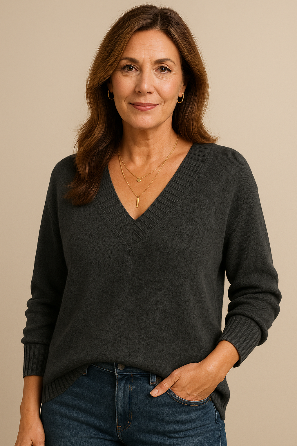 Lara | Flattering Oversized V Neck Sweater with Ribbed Trim