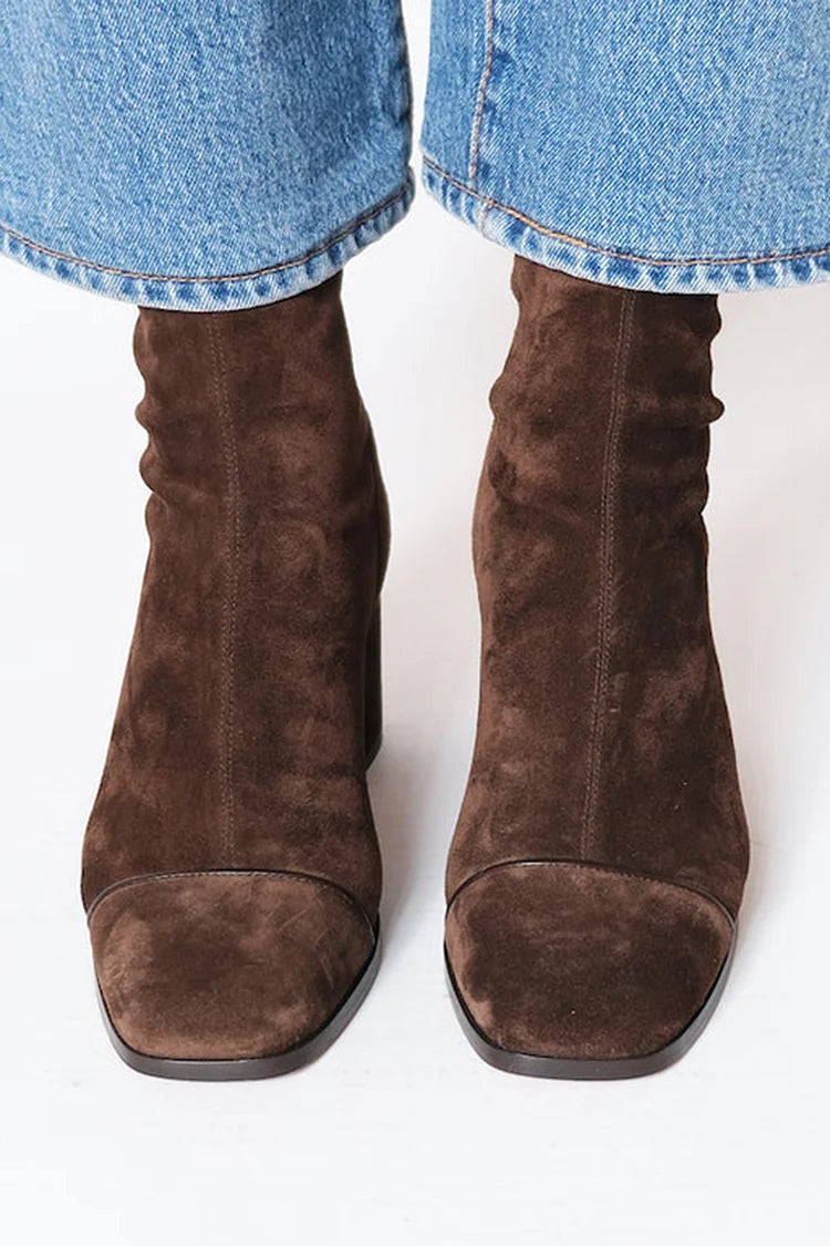 Lena | Women's Suede Heeled Ankle Boots - Square Toe Side Zip