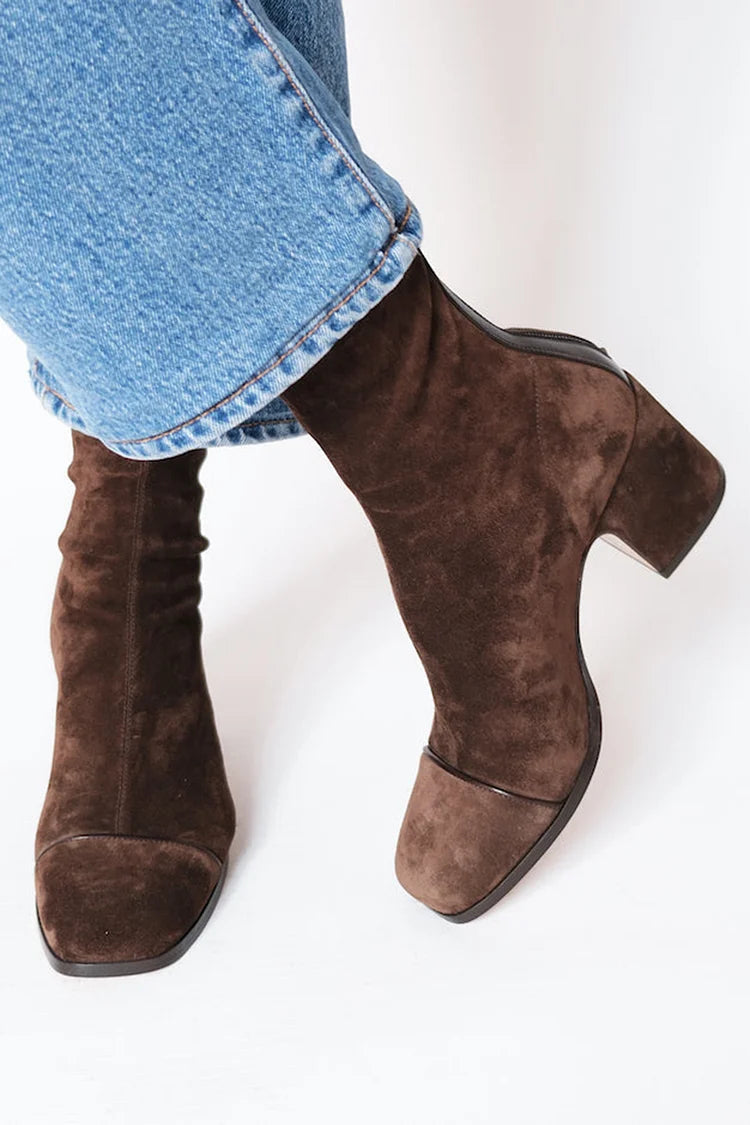 Lena | Women's Suede Heeled Ankle Boots - Square Toe Side Zip