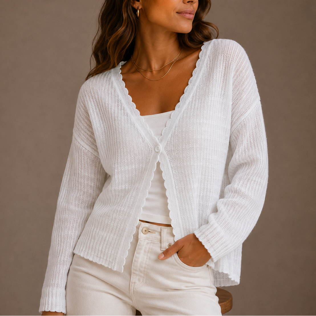 Lila | Women's Cropped Knit Cardigan Sweater - Scallop V-Neckline