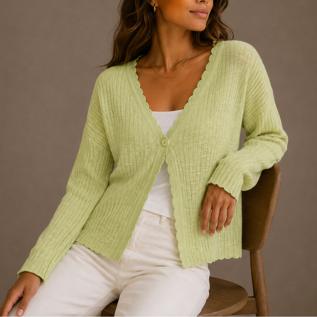 Lila | Women's Cropped Knit Cardigan Sweater - Scallop V-Neckline