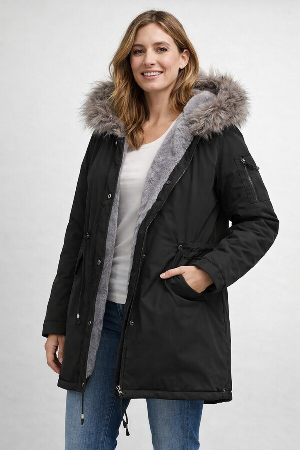 Lindsey | Women's Faux Fur Hooded Parka Coat - Drawstring Waist Snap Front