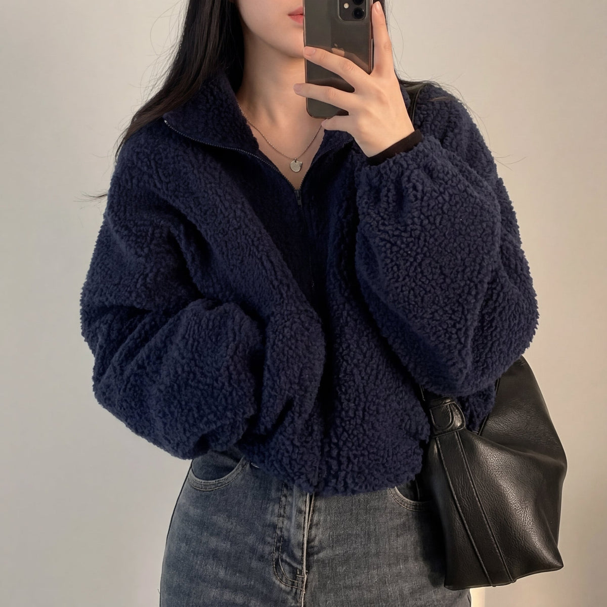 Lyva | Women's Cropped Sherpa Fleece Jacket - Zip Stand Collar