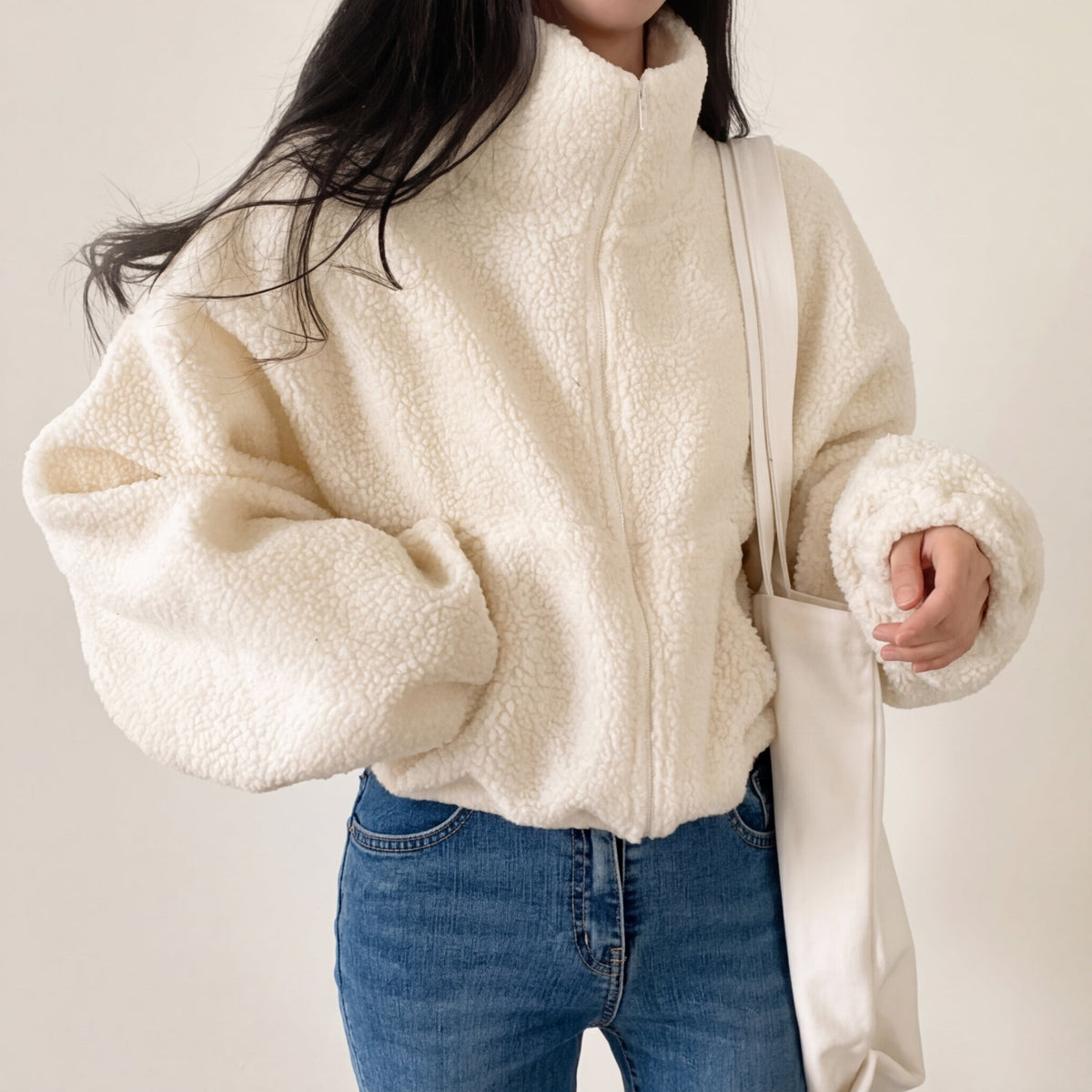 Lyva | Women's Cropped Sherpa Fleece Jacket - Zip Stand Collar
