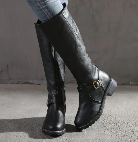 Maeve | Women's Leather Winter Boots - Knee High Heeled Buckle Strap