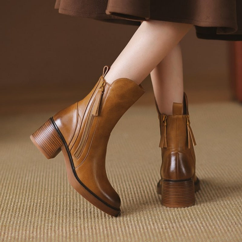 Selene | Women's Leather Ankle Boots - Heeled Zip