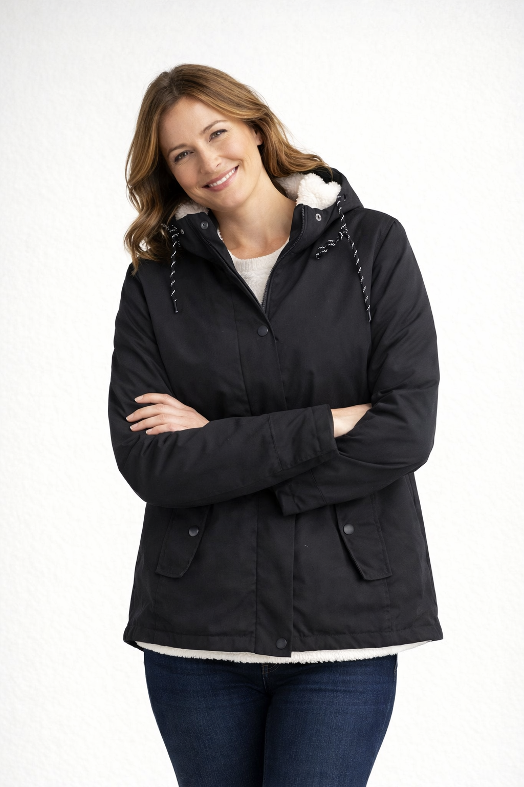 Mandy | Women's Fleece Lined Hooded Parka Jacket - Hip Length Snap Pockets