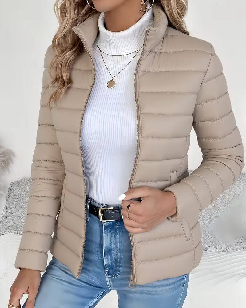 Marigold | Women's Puffer Jacket - Quilted Fitted Stand Collar