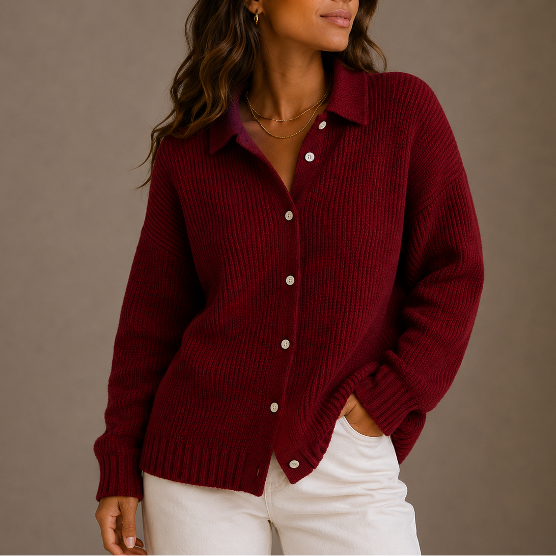 Mave | Women's Chunky Oversized Knit Cardigan Sweater - Collar Button Front