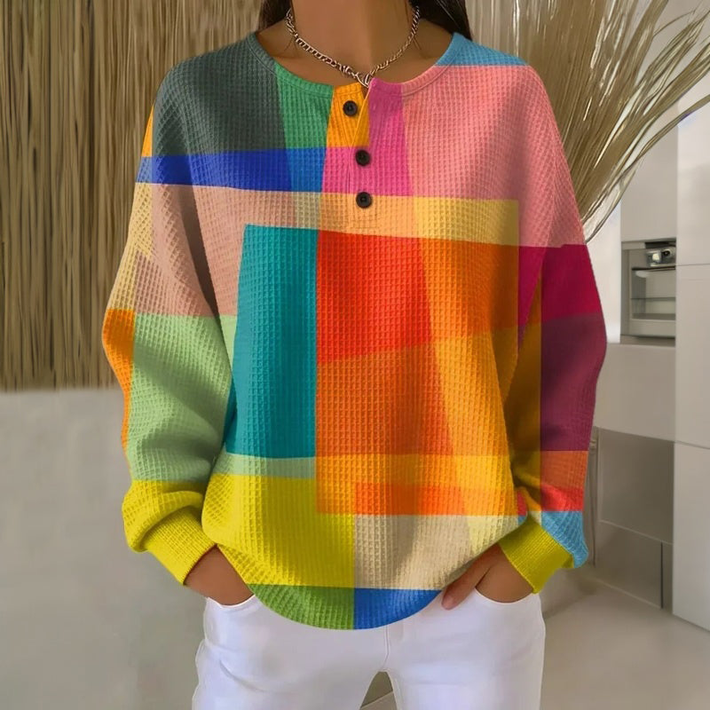 Nova | Women's Crewneck Knit Sweater - Colorblock Waffle Button Placket