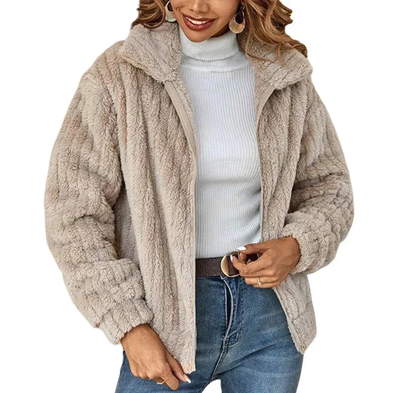 Nyla | Women's Relaxed Ribbed Fleece Jacket - Notch Collar Zip