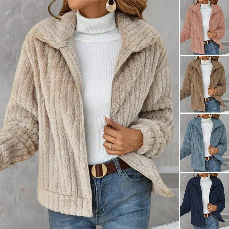 Nyla | Women's Relaxed Ribbed Fleece Jacket - Notch Collar Zip
