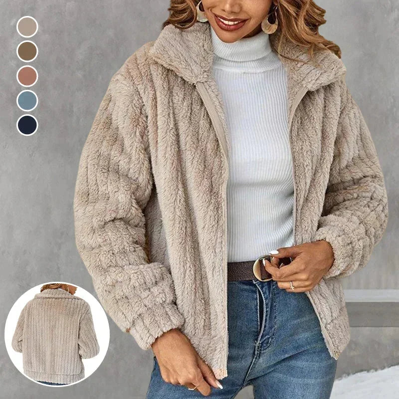 Nyla | Women's Relaxed Ribbed Fleece Jacket - Notch Collar Zip
