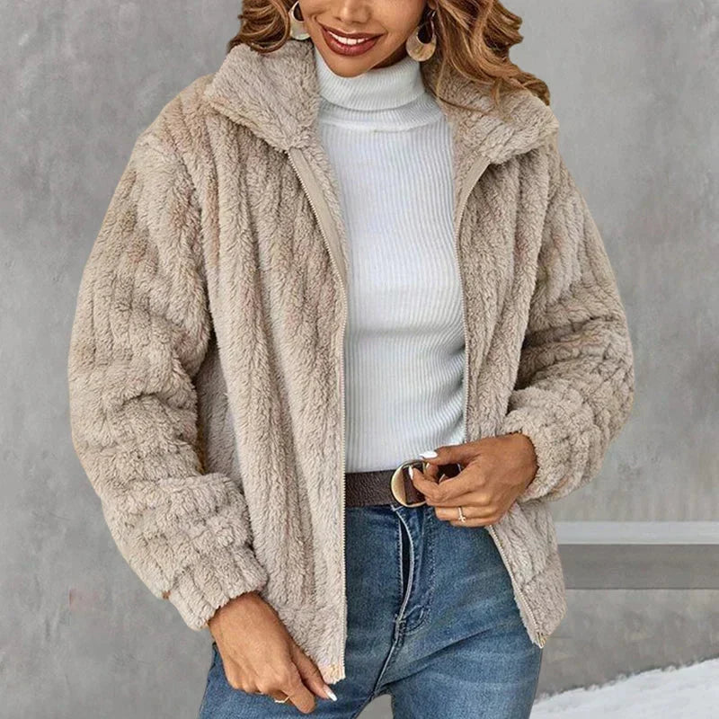 Nyla | Women's Relaxed Ribbed Fleece Jacket - Notch Collar Zip
