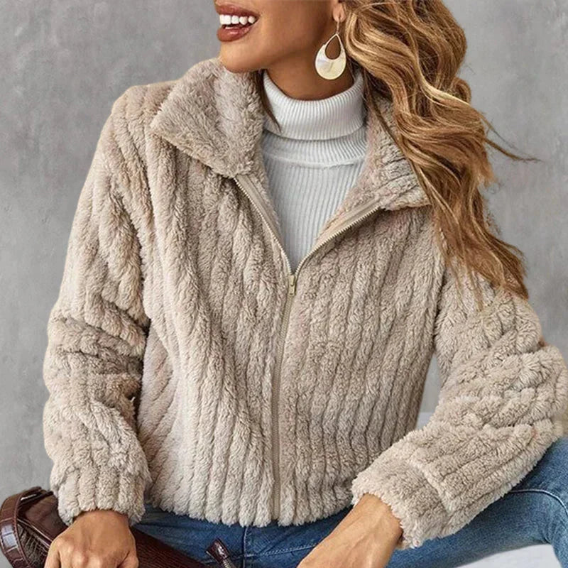 Nyla | Women's Relaxed Ribbed Fleece Jacket - Notch Collar Zip