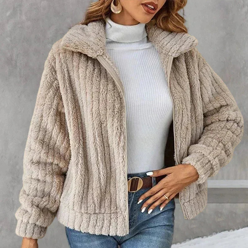 Nyla | Women's Relaxed Ribbed Fleece Jacket - Notch Collar Zip