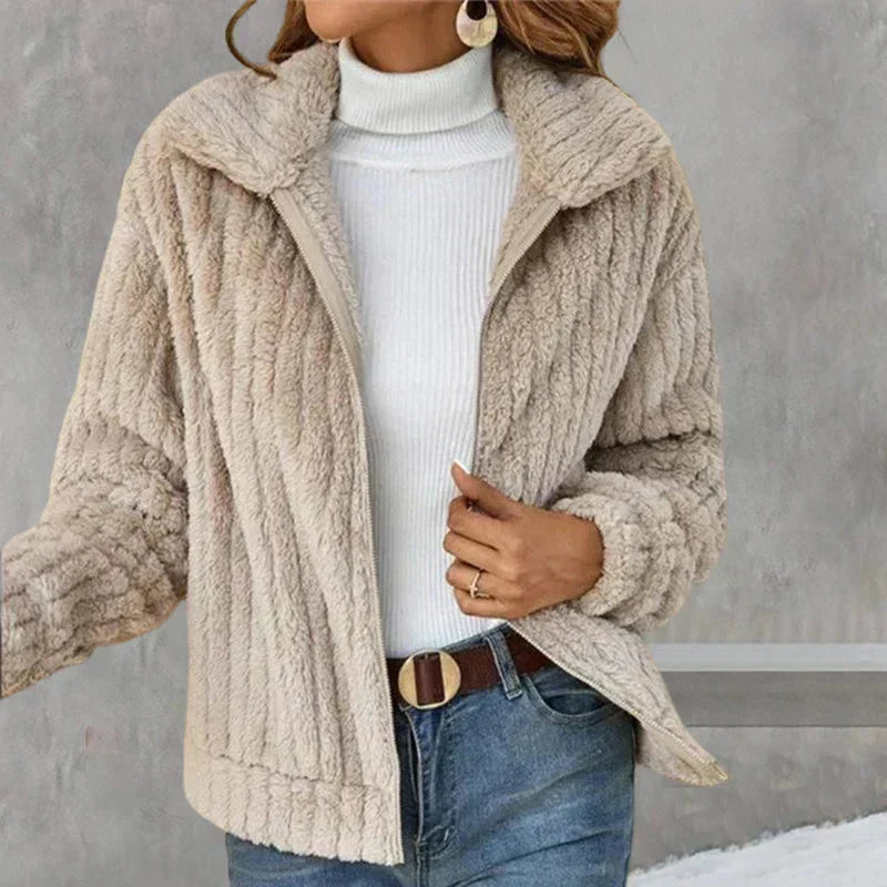 Nyla | Women's Relaxed Ribbed Fleece Jacket - Notch Collar Zip