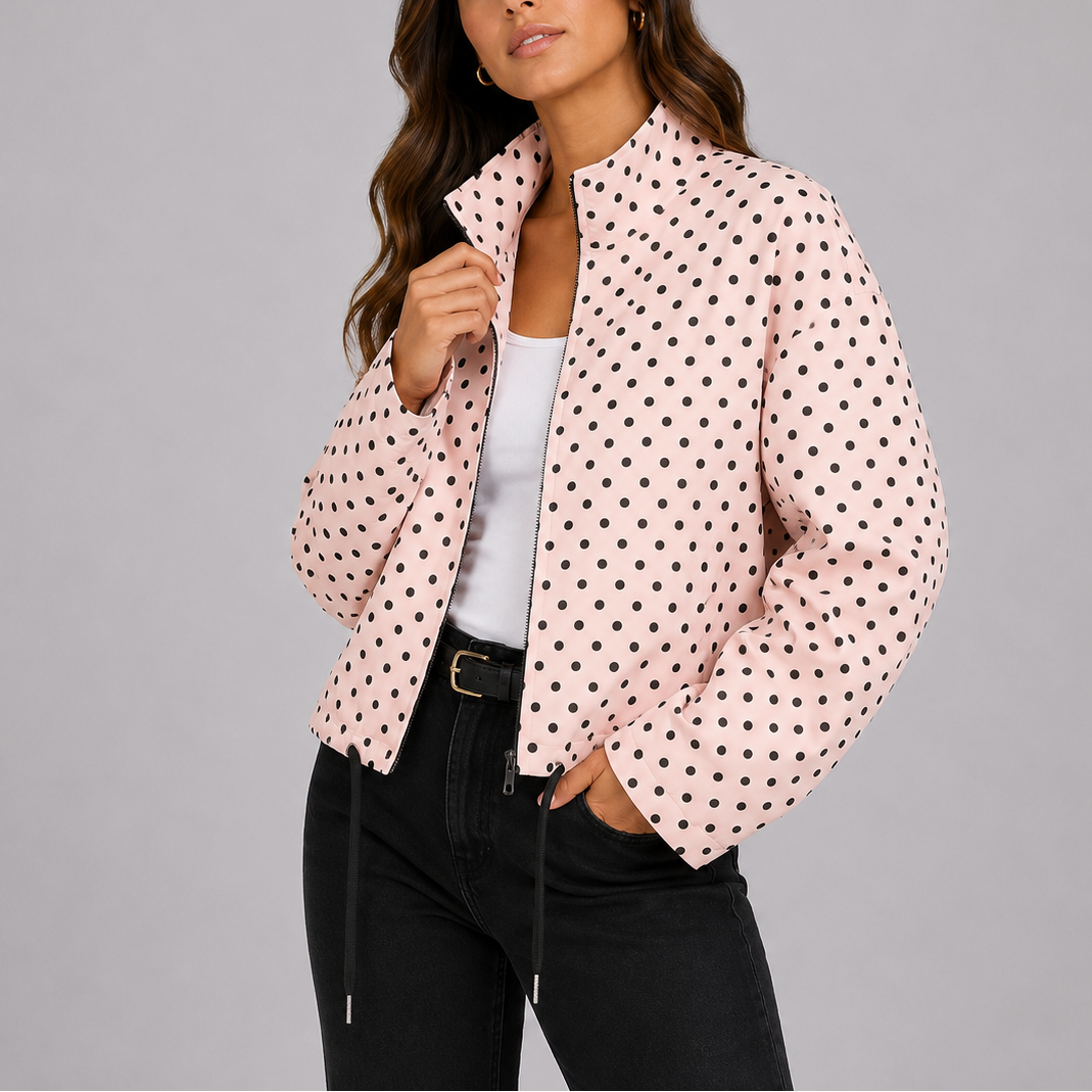 Pella | Women's Cropped Polka Dot Bomber Jacket with Zip Front